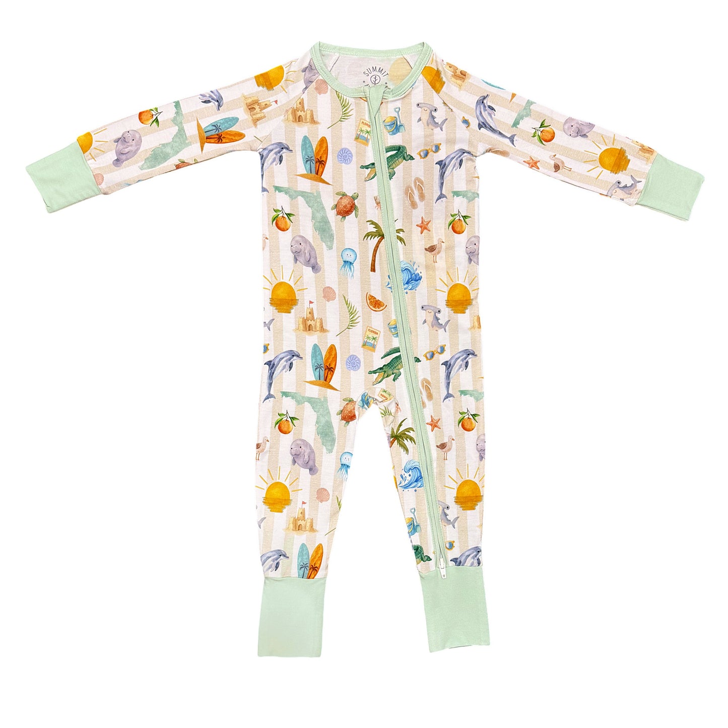 Baby onesie with tropical fruit and animal pattern on a white background
