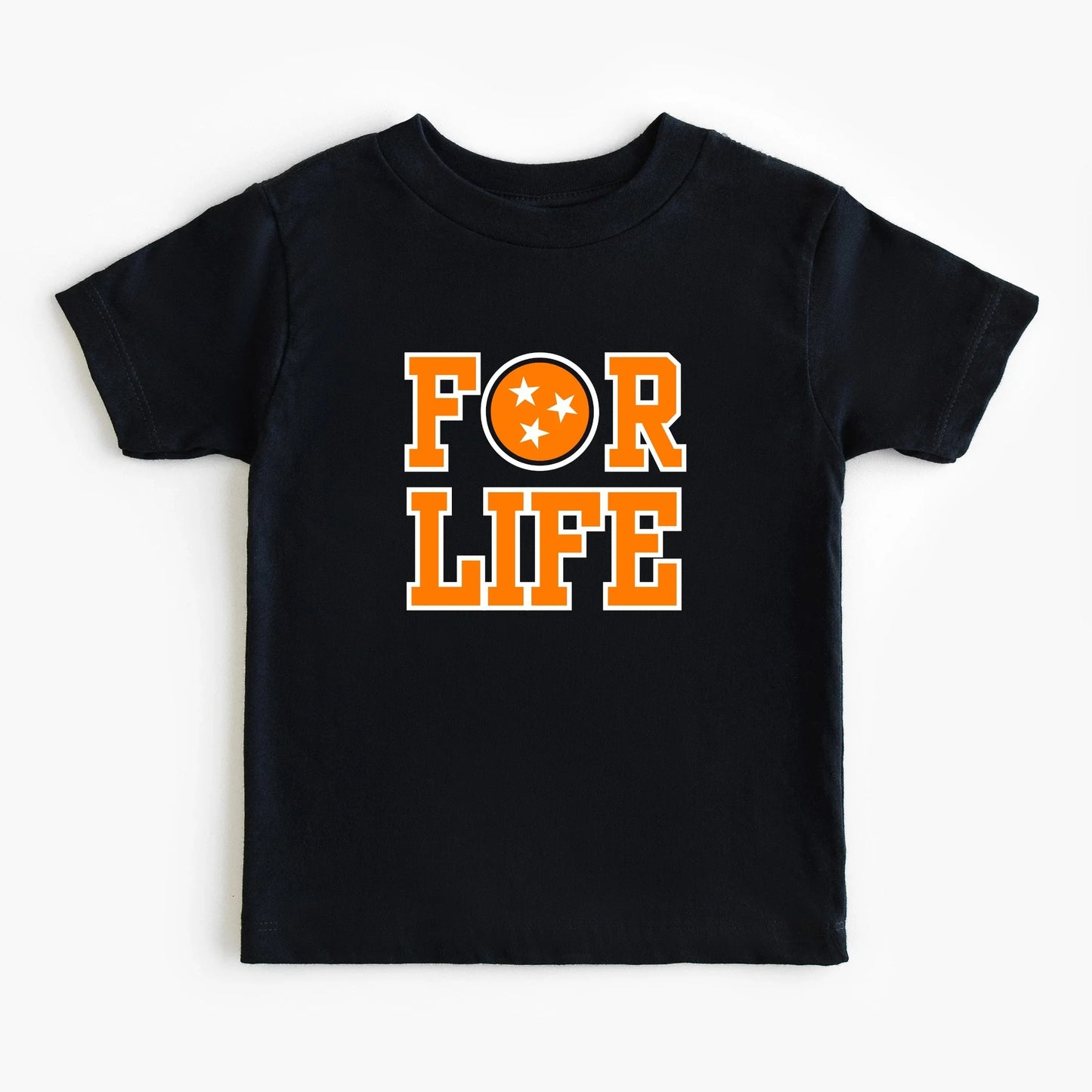 Black t-shirt with 'FOR LIFE' in orange on a white background