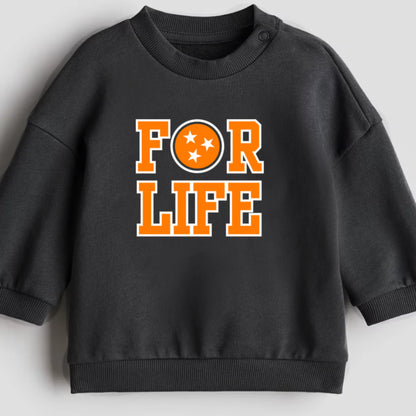 Black sweatshirt with 'FOR LIFE' in orange on a light gray background