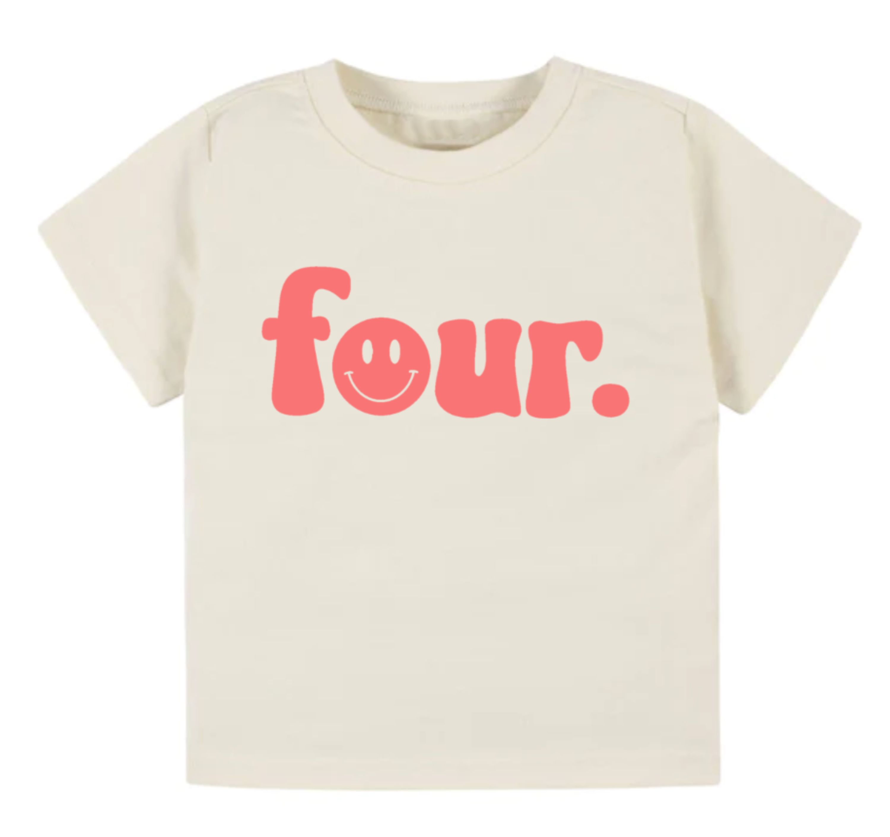 Beige t-shirt with pink 'four.' text on a white background