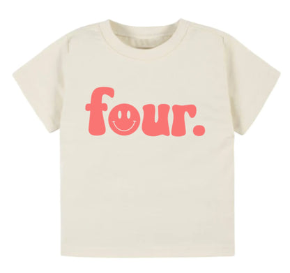 Beige t-shirt with pink 'four.' text on a white background