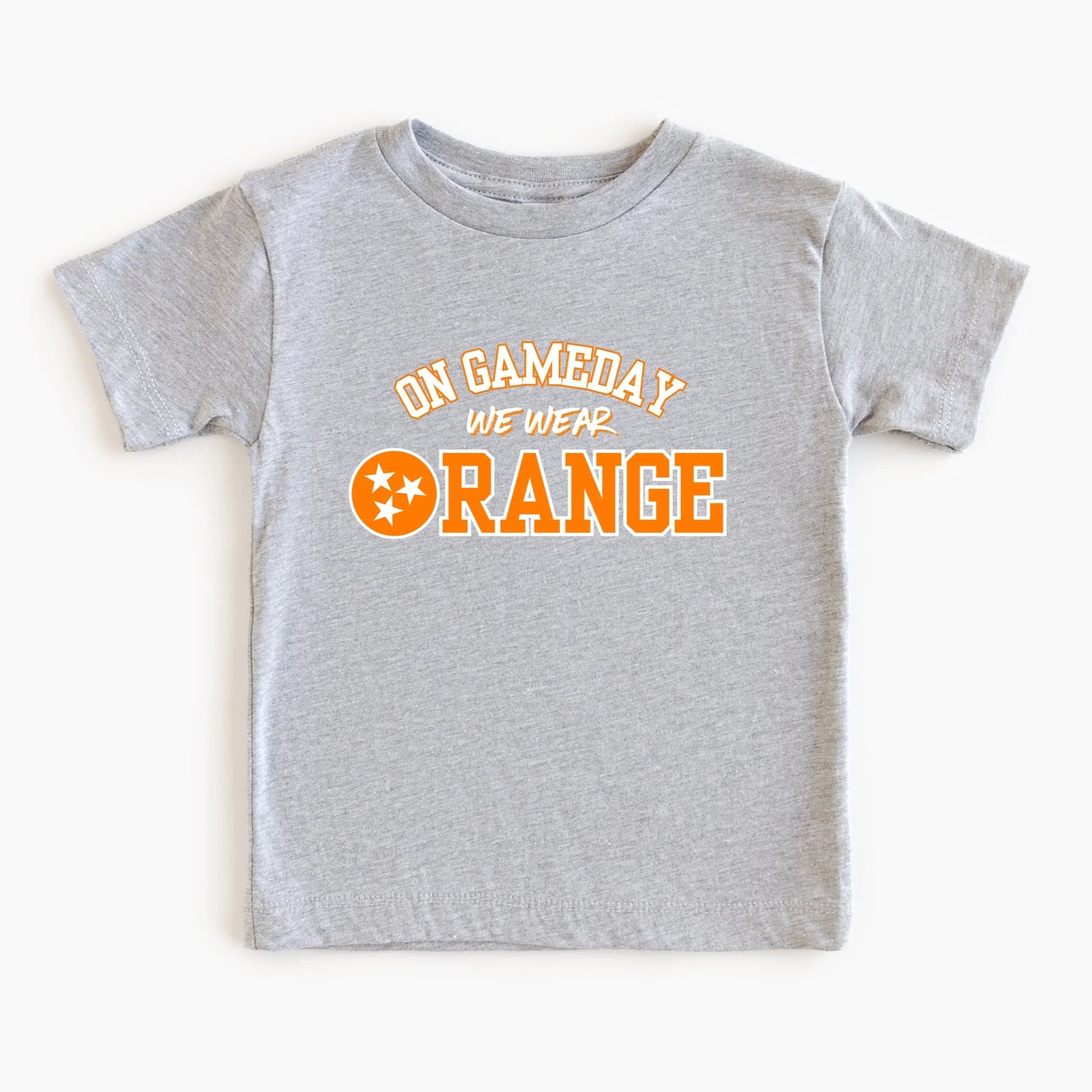 Gray t-shirt with 'On Gameday We Wear Orange' text on a white background