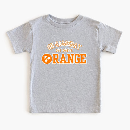 Gray t-shirt with 'On Gameday We Wear Orange' text on a white background