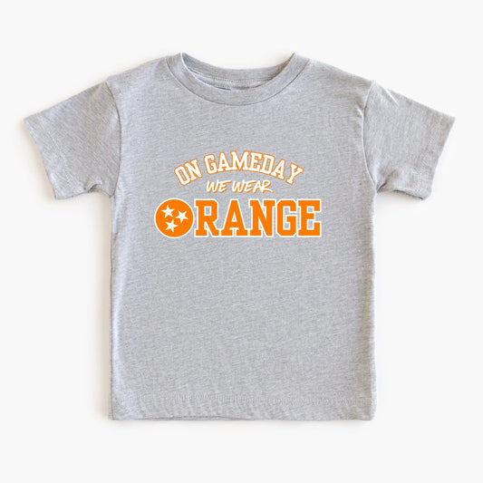 Gray t-shirt with 'On Gameday We Wear Orange' text on a white background