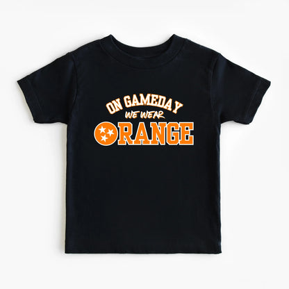 Black t-shirt with 'On Gameday We Wear Orange' text on a white background