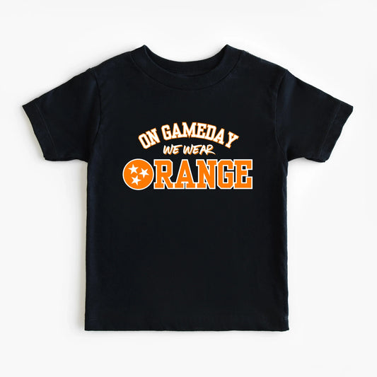 Black t-shirt with 'On Gameday We Wear Orange' text on a white background