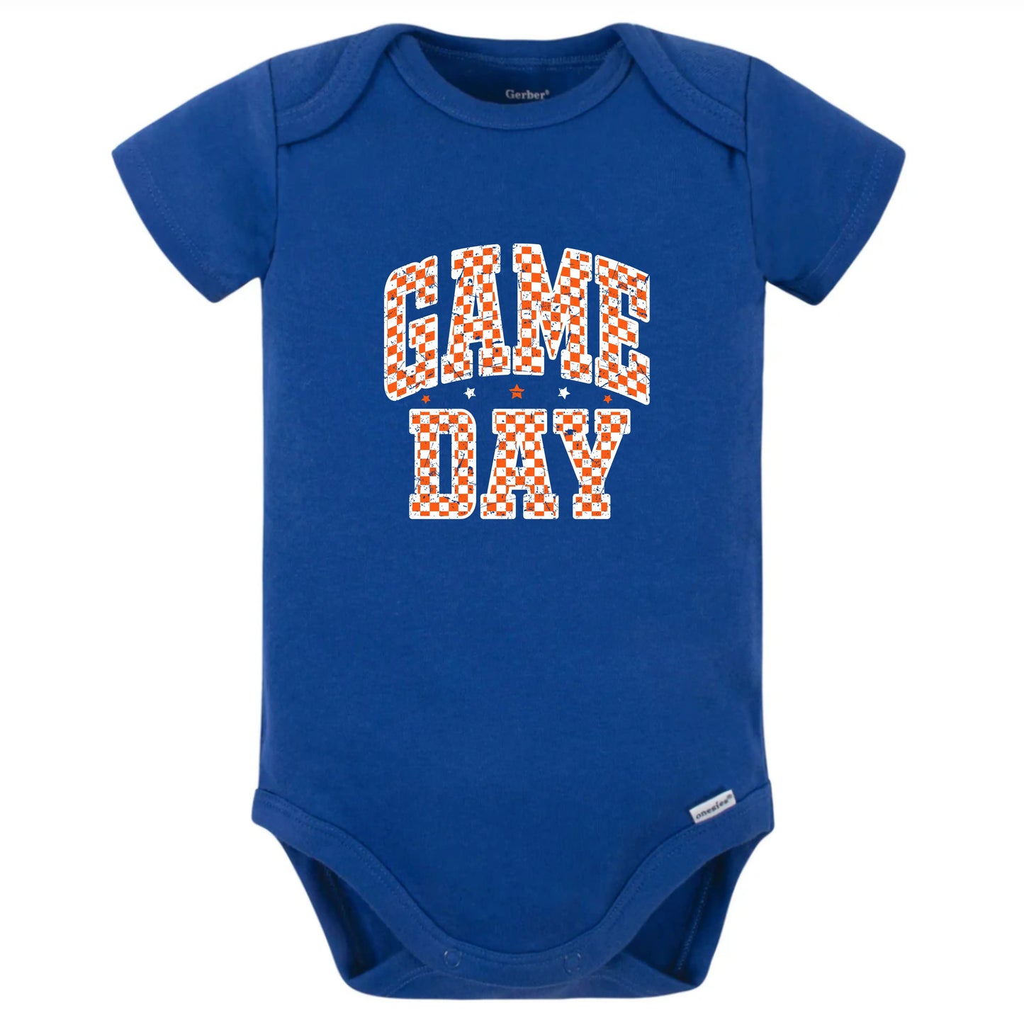 Blue baby onesie with 'GAME DAY' print on a white background