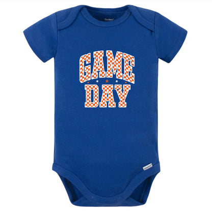 Blue baby onesie with 'GAME DAY' print on a white background