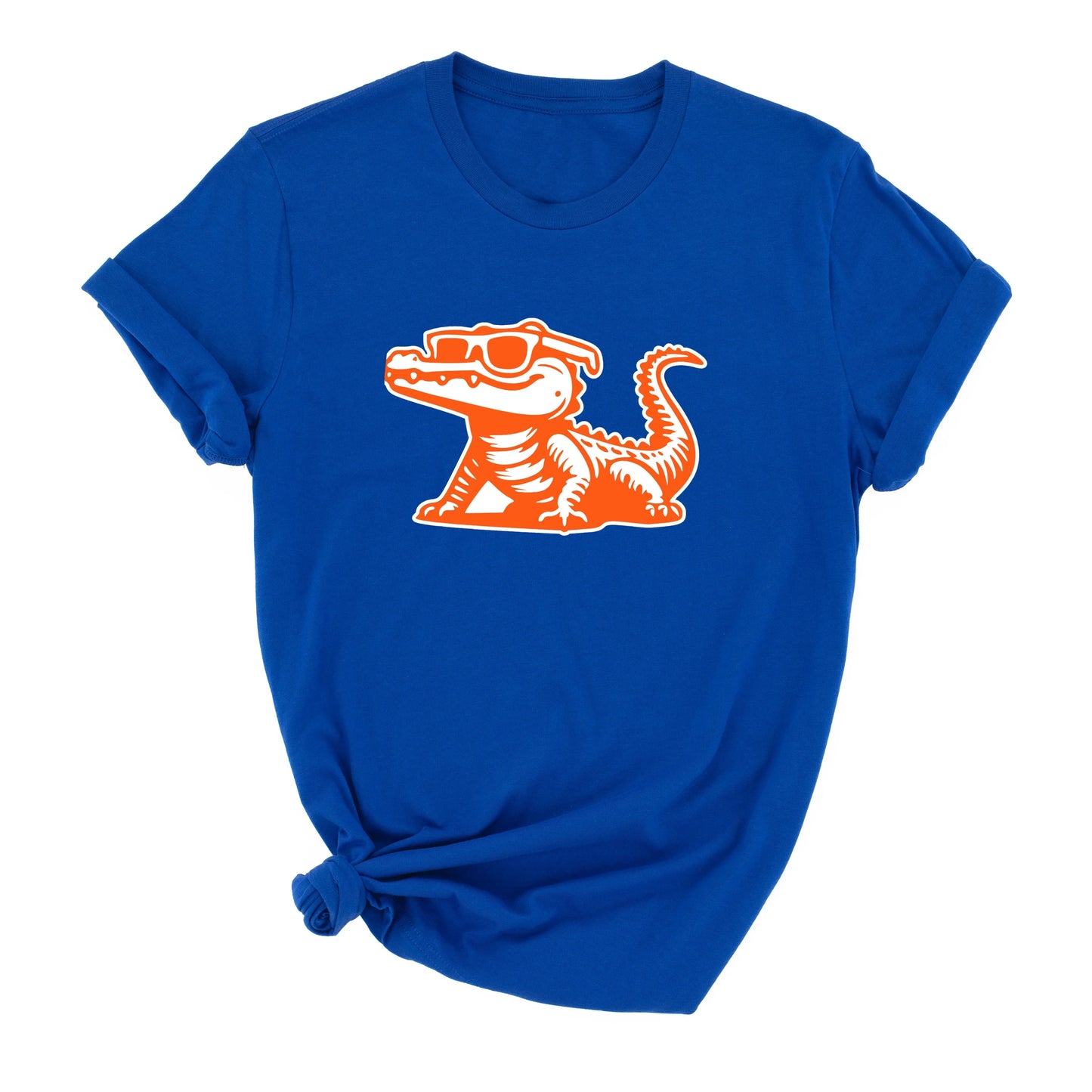 Blue t-shirt with orange alligator graphic on a white background