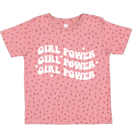 Pink t-shirt with 'Girl Power' text and strawberry pattern on a white background