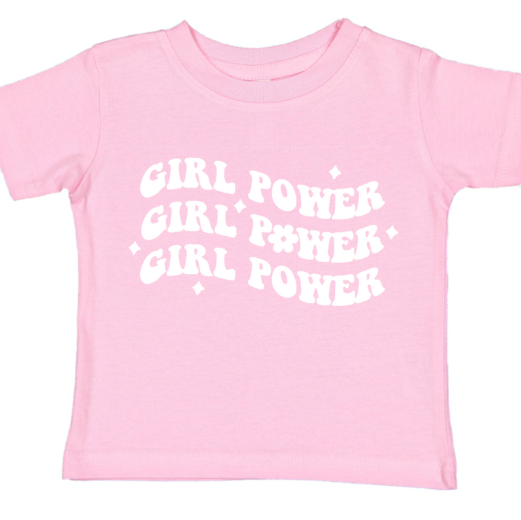 Pink t-shirt with 'Girl Power' text in white on a white background