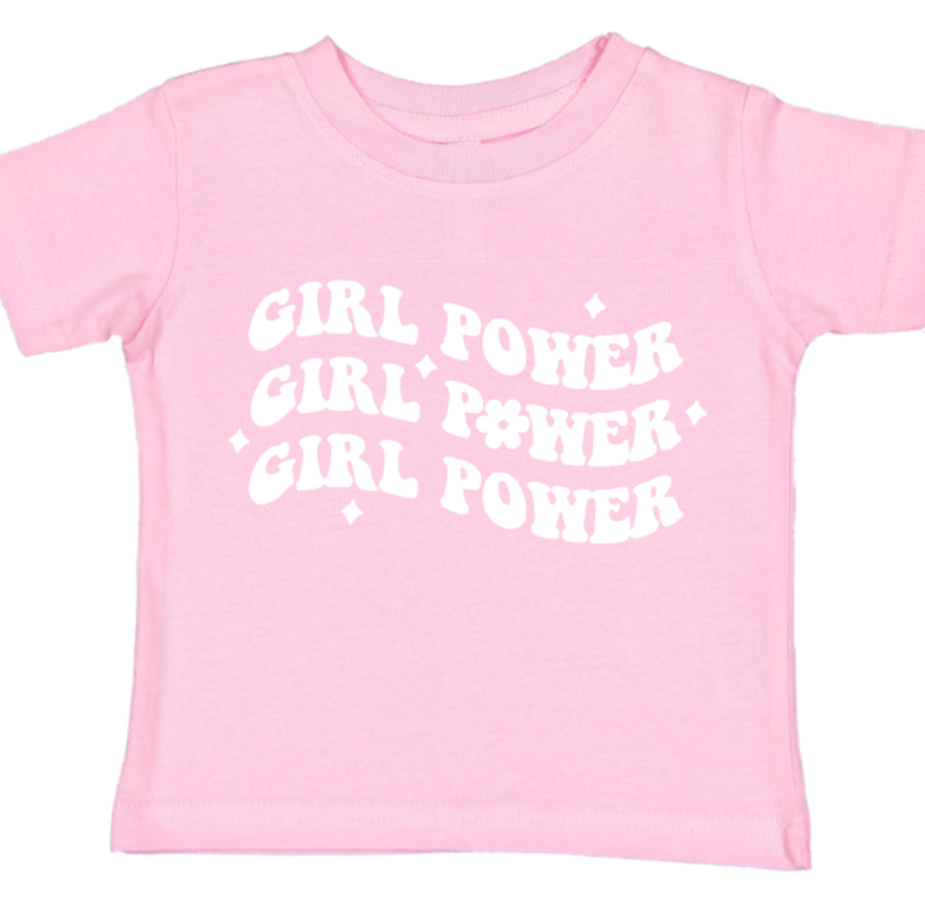 Pink t-shirt with 'Girl Power' text in white on a white background
