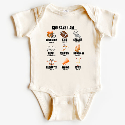 Baby onesie with religious text and football graphics on a white background