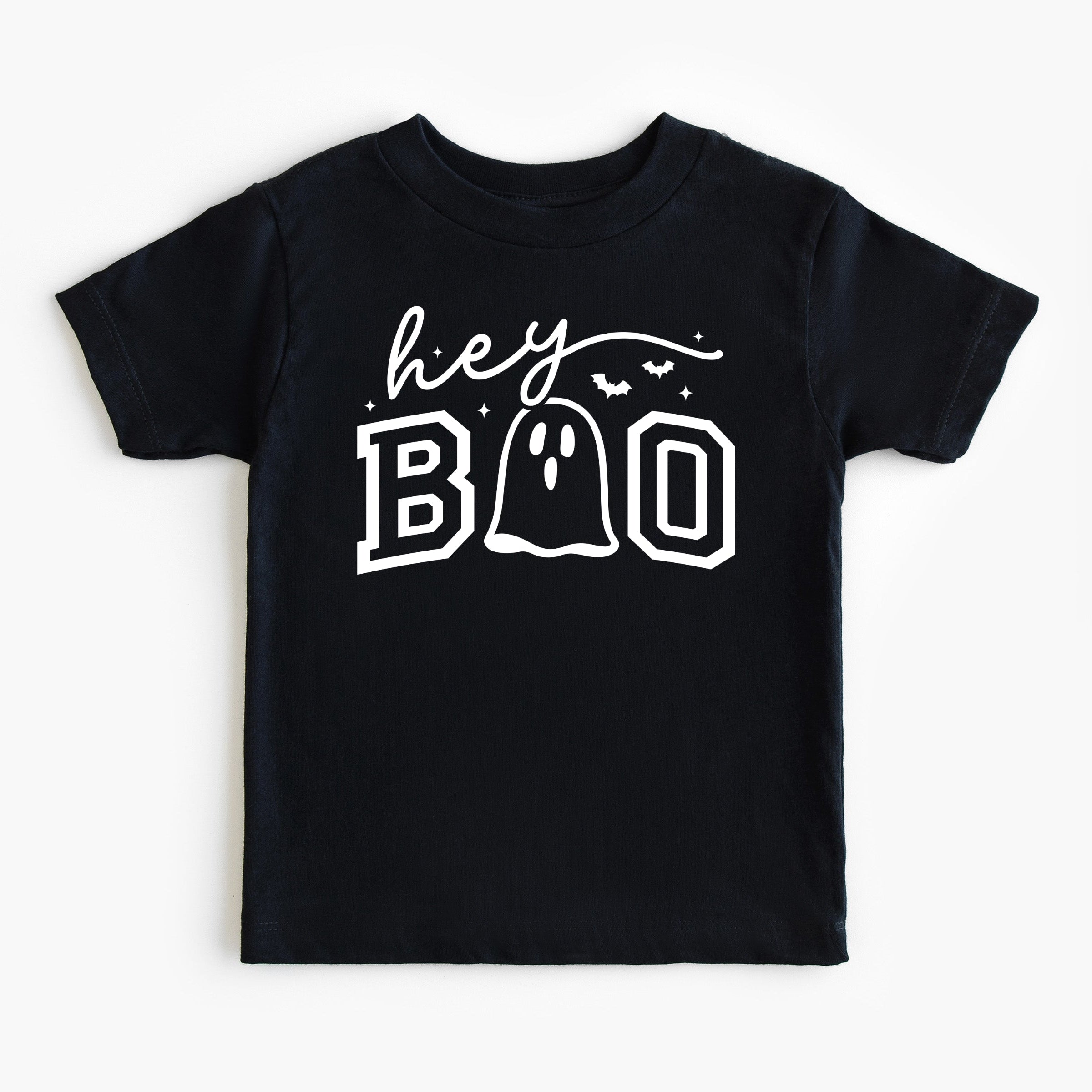 Black t-shirt with 'hey BOO' text and ghost graphic on a white background