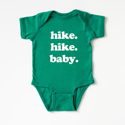 Green baby onesie with 'hike. hike. baby.' text on a white background