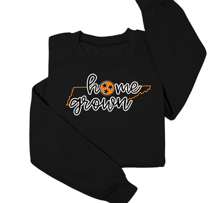 Black sweatshirt with 'home grown' text and a state outline design on a white background