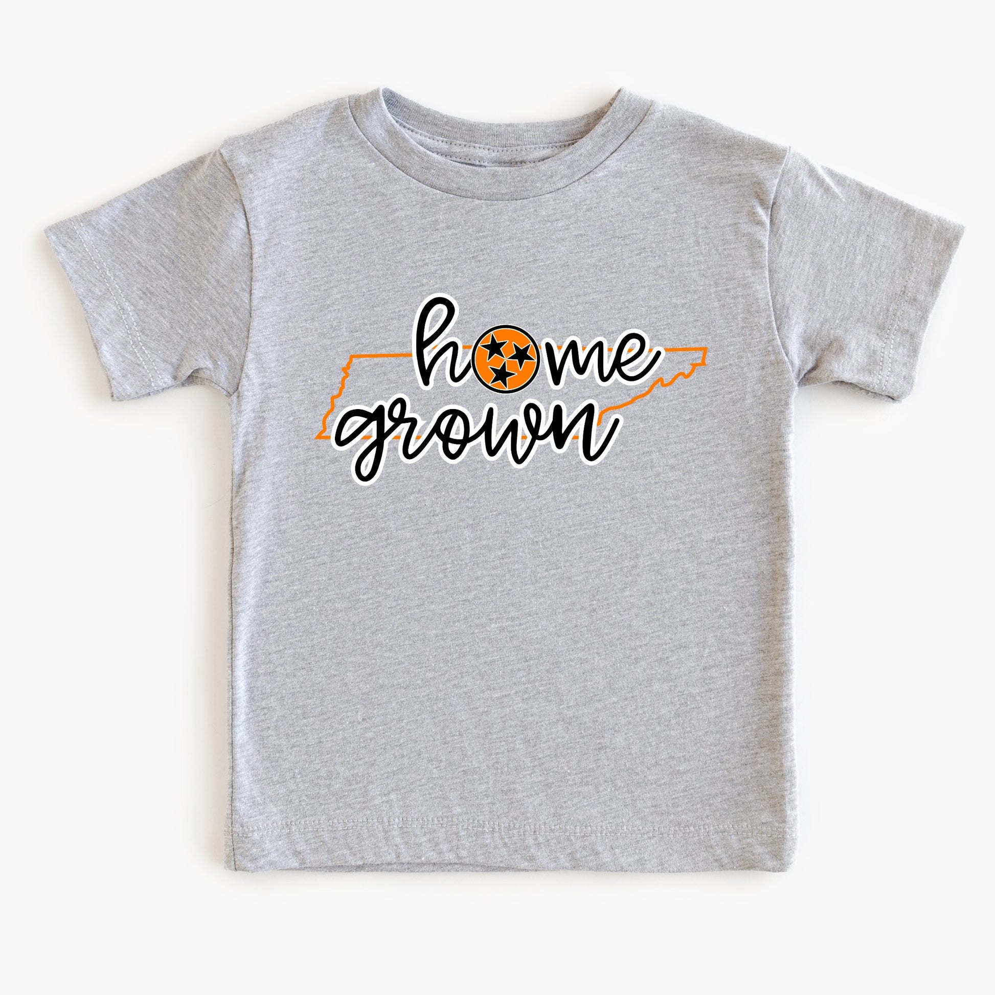 Gray t-shirt with 'home grown' text and a logo on a white background