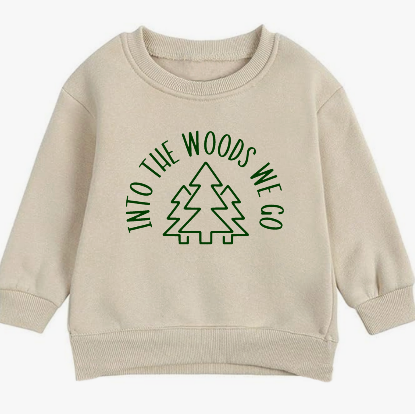 Beige sweatshirt with green text and tree graphic on a white background