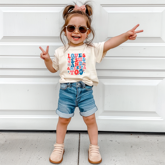 Loves Jesus and America too- Short sleeve tee and infant bodysuit