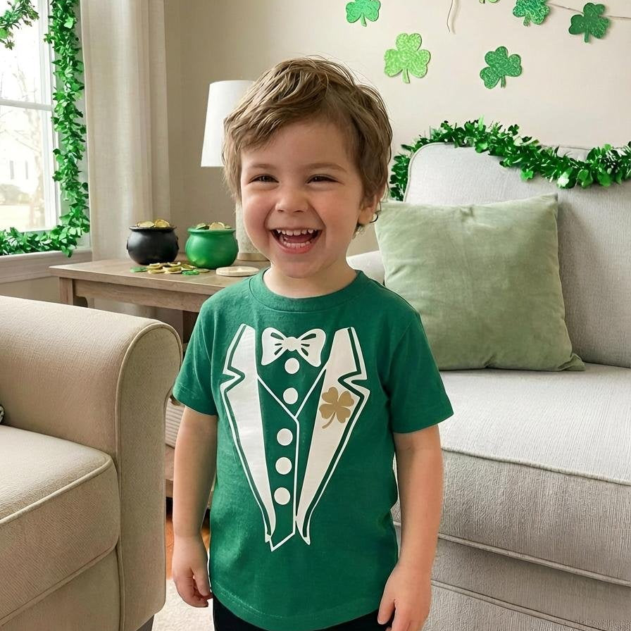 Child wearing a green tuxedo shirt in a living room decorated with shamrocks