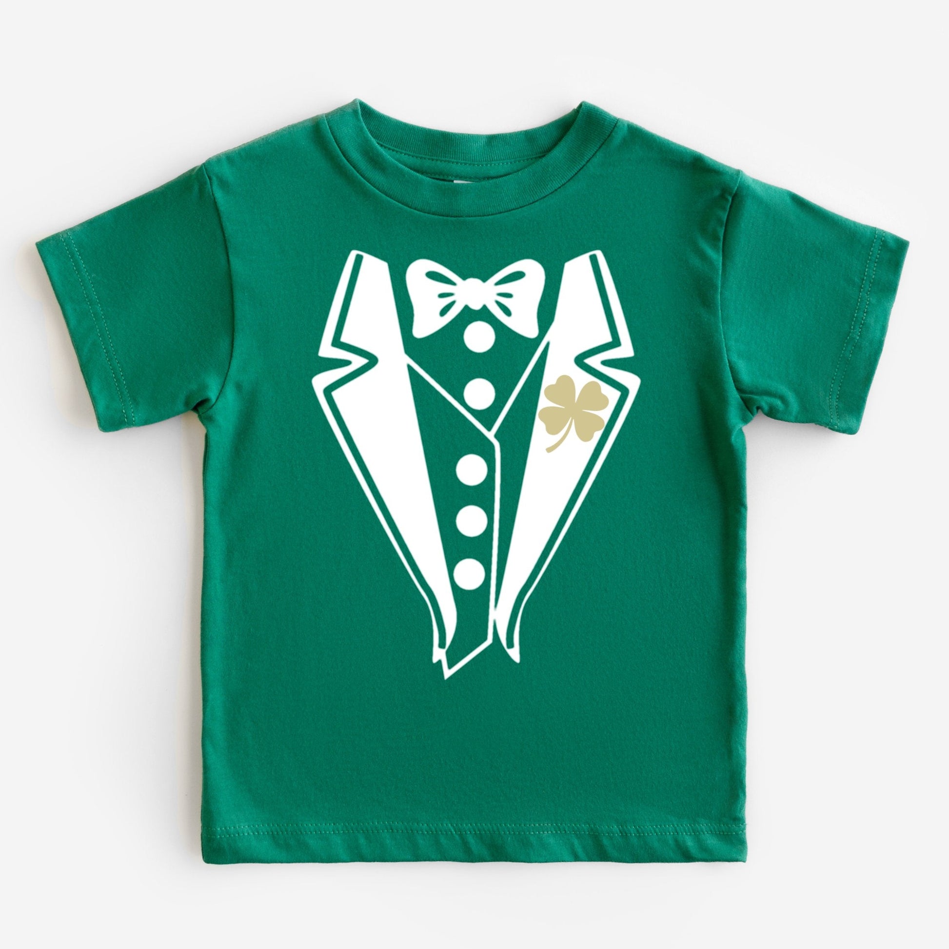 Green t-shirt with a white leprechaun tuxedo graphic on a white background