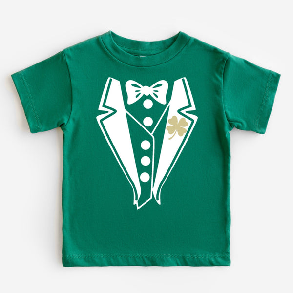 Green t-shirt with a white leprechaun tuxedo graphic on a white background