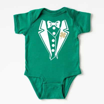 Green baby onesie with a white tuxedo graphic on a white background