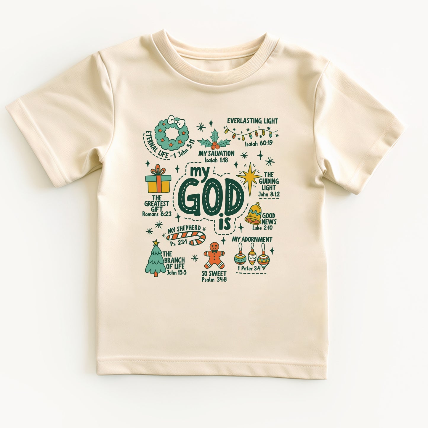 Beige t-shirt with colorful religious graphics and text on a white background