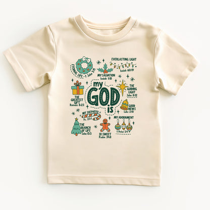Beige t-shirt with colorful religious graphics and text on a white background