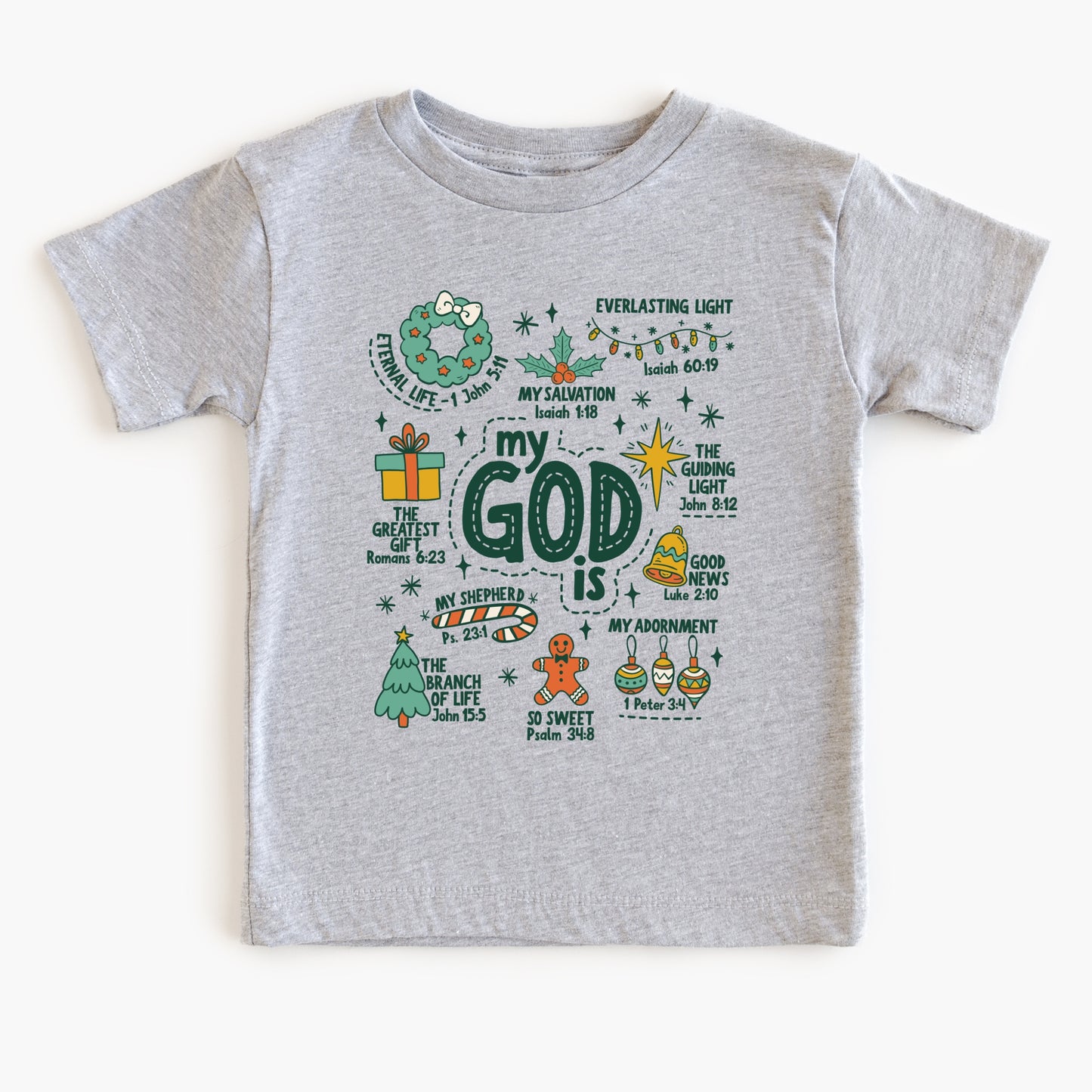 Gray t-shirt with colorful religious text and graphics on a white background