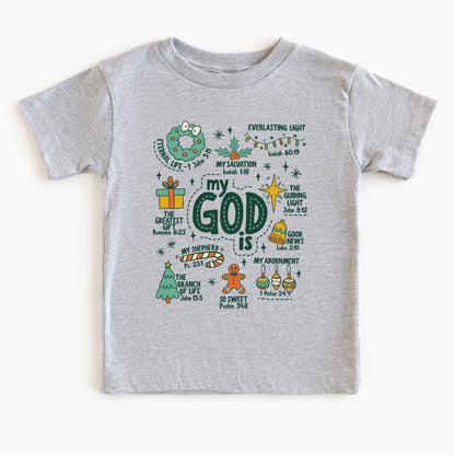 Gray t-shirt with colorful religious text and graphics on a white background