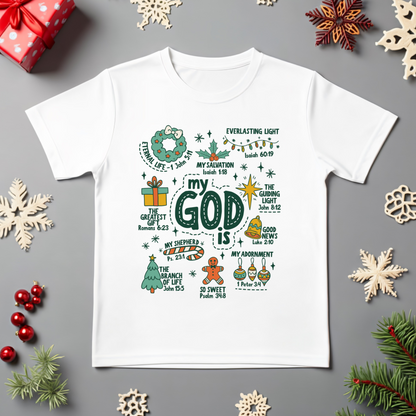White t-shirt with Christmas-themed design on a gray background with holiday decorations.
