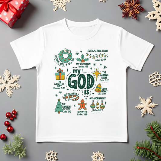 White t-shirt with Christmas-themed design on a gray background with holiday decorations.