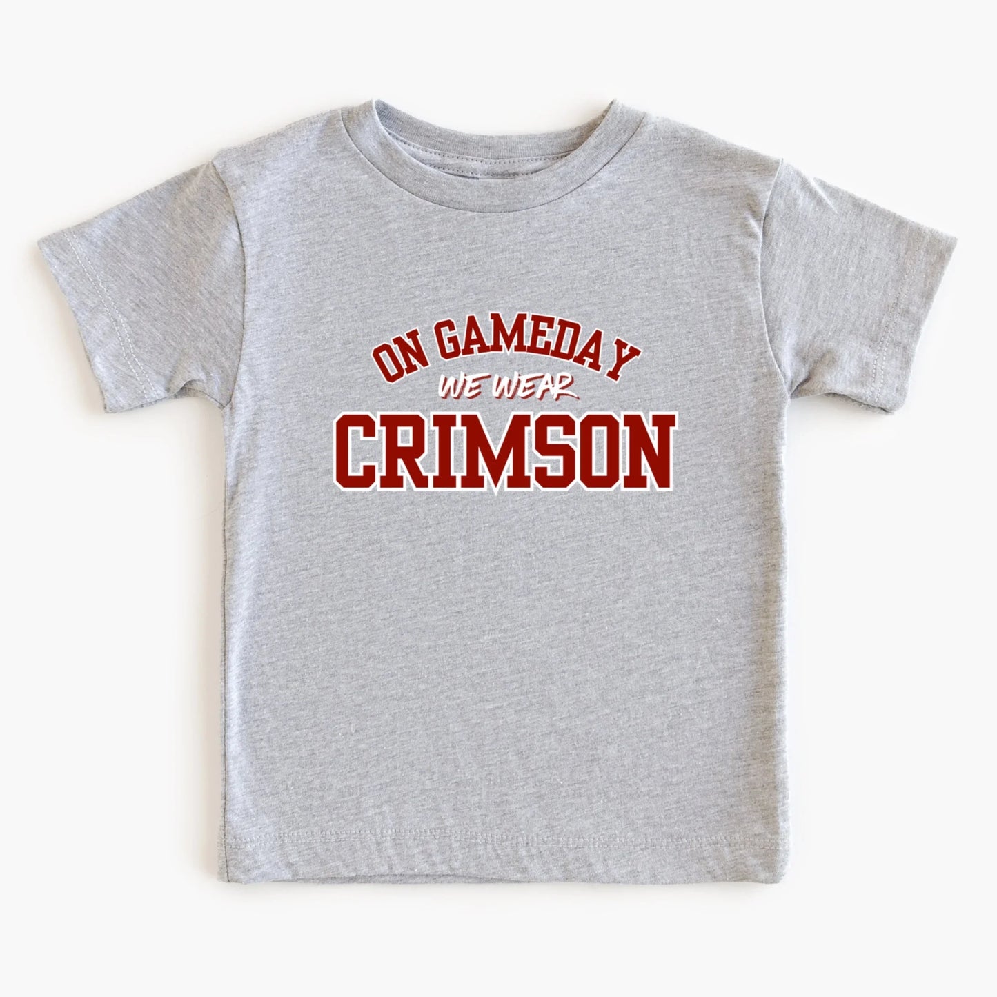 Gray t-shirt with 'On Gameday We Wear Crimson' text on a white background
