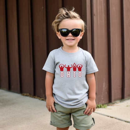 boy in gray ohio shirt. referee signal and words ohio. ohio state
