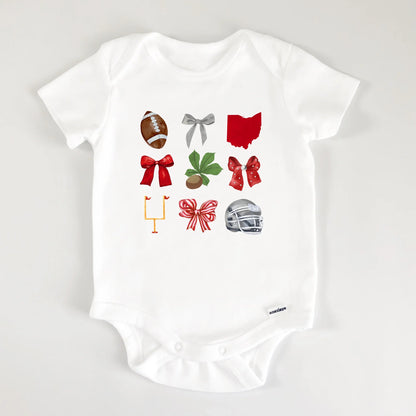 White baby onesie with sports-themed graphics on a light gray background