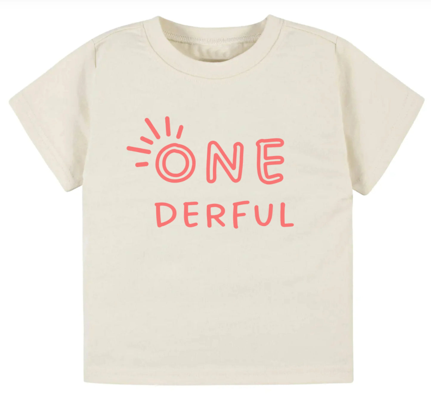 Beige t-shirt with pink text 'ONE DERFUL' on a white background