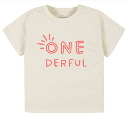 Beige t-shirt with pink text 'ONE DERFUL' on a white background