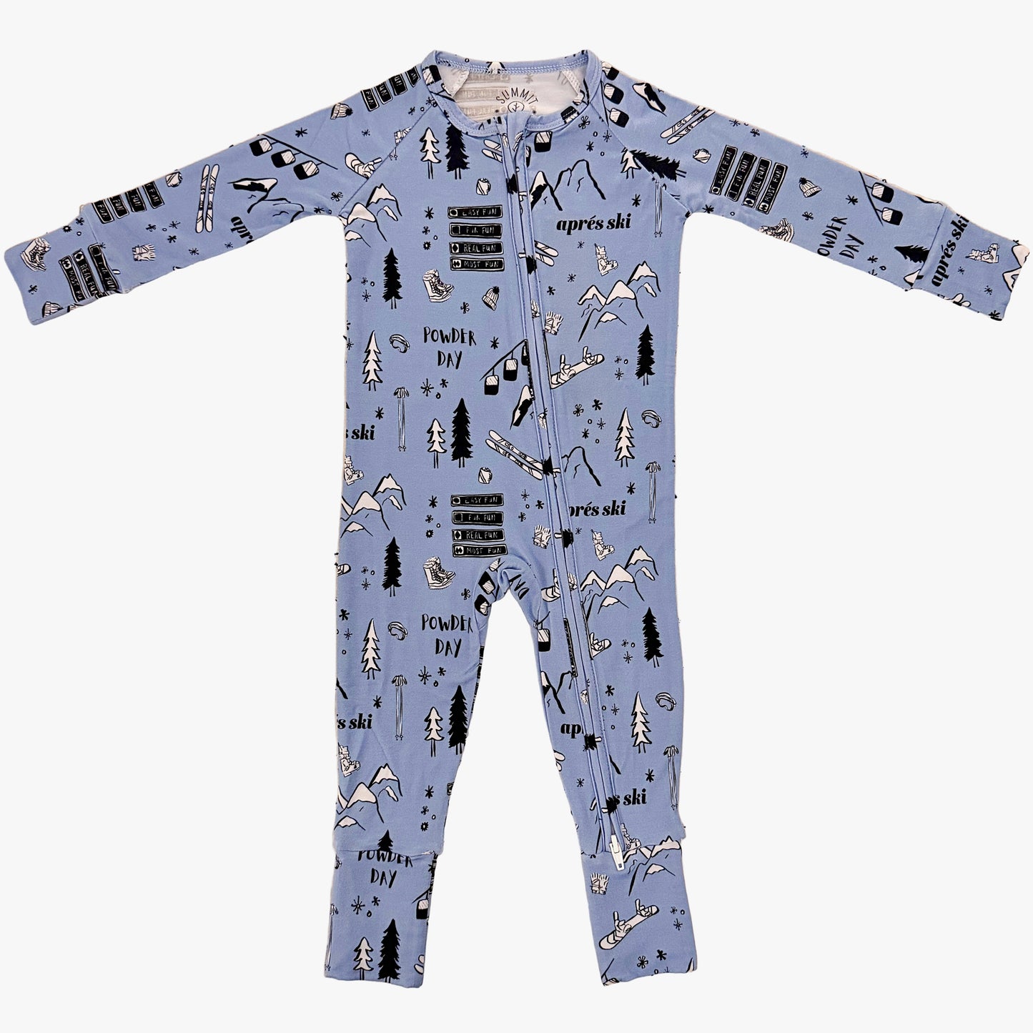 powder day bamboo pajamas- zippie- convertible footie- apres ski