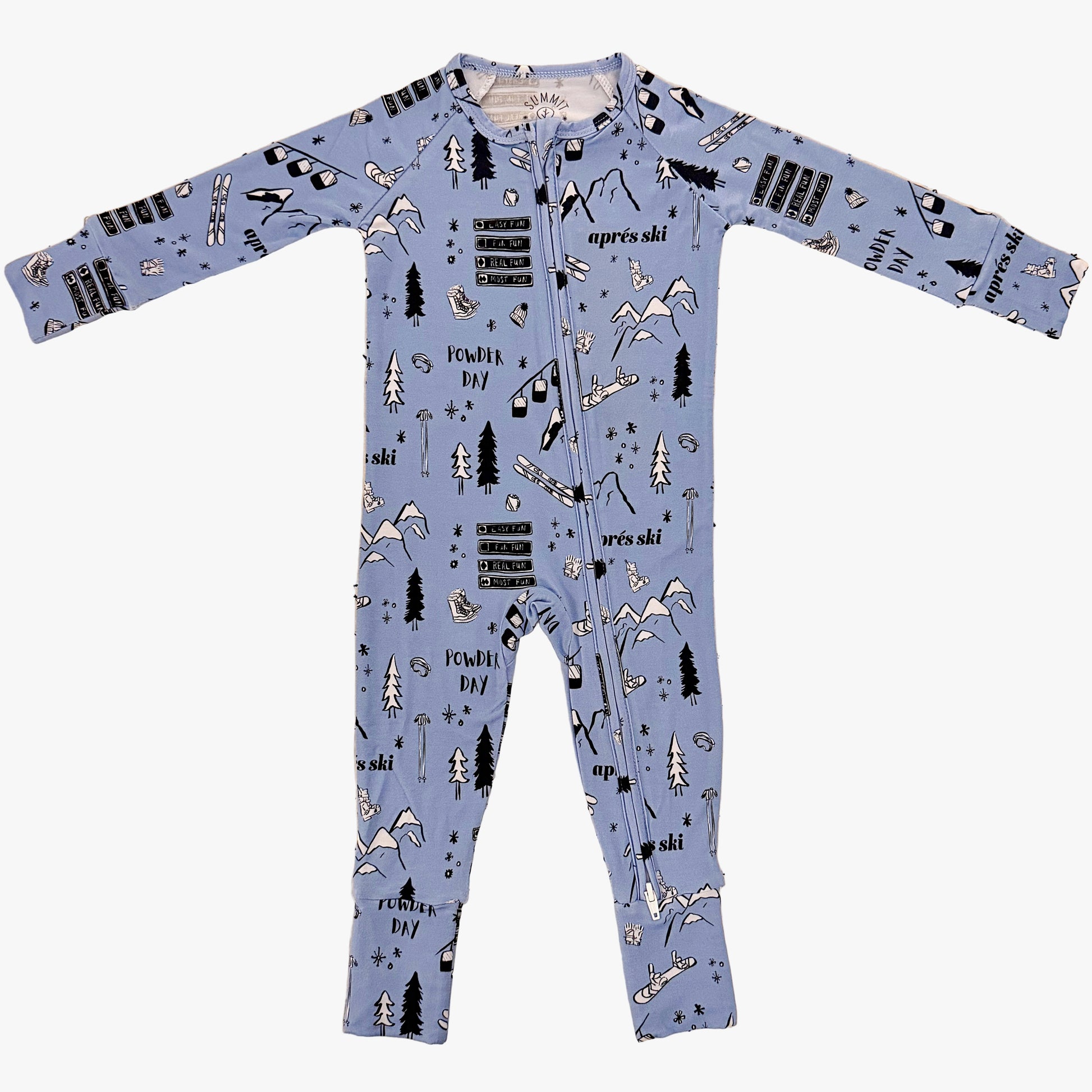 powder day bamboo pajamas- zippie- convertible footie- apres ski