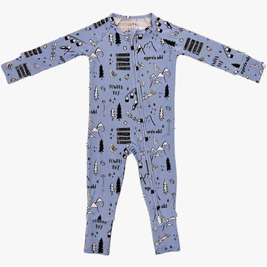 powder day bamboo pajamas- zippie- convertible footie- apres ski