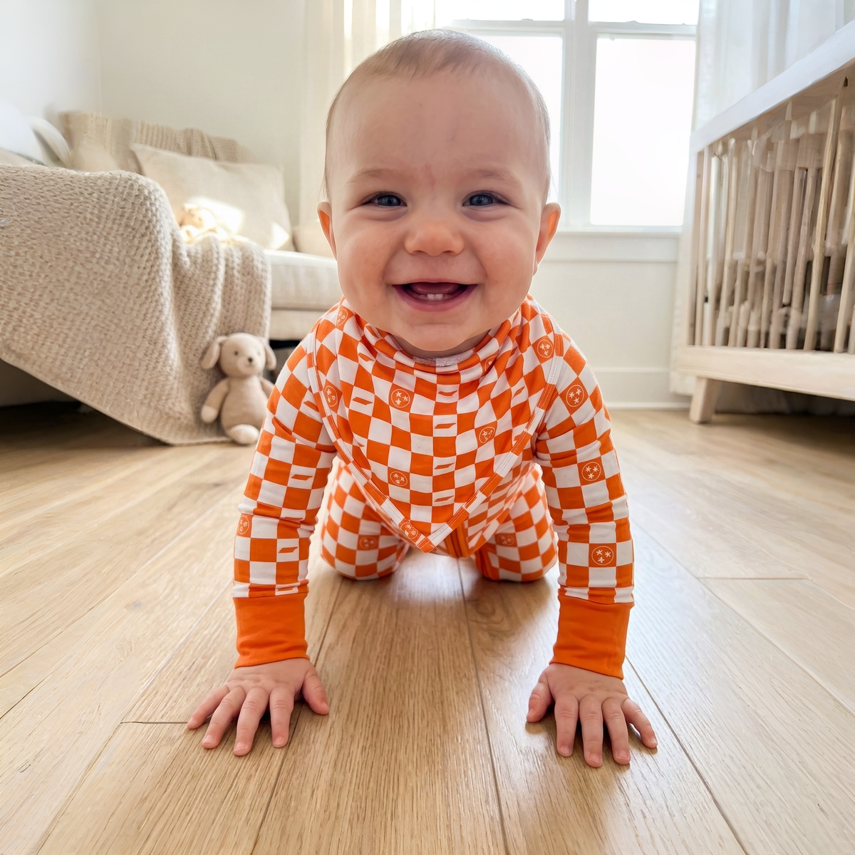 Orange and White Checkerboard- Bamboo convertible footie- Zippy pajamas - Summit and Nest