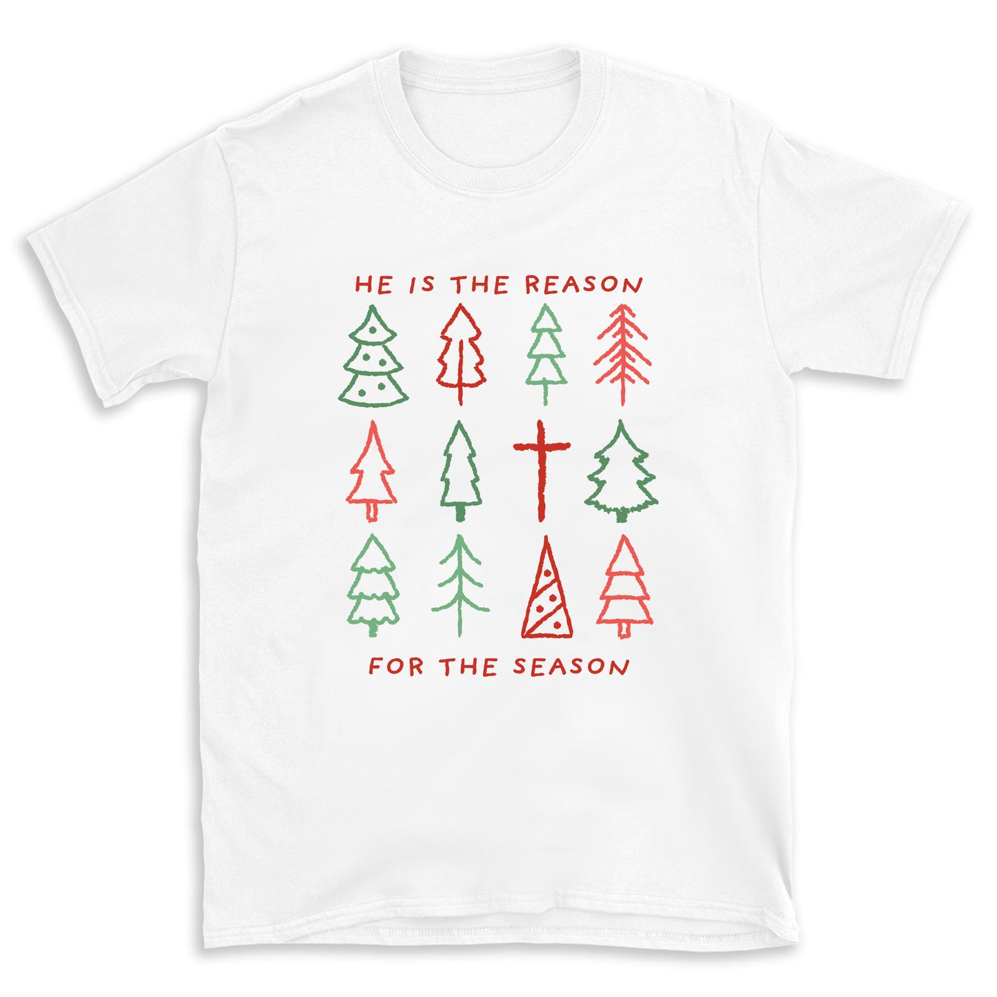 White t-shirt with Christmas tree design and text on a white background