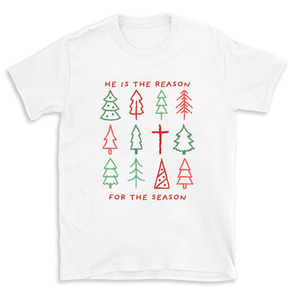 White t-shirt with Christmas tree design and text on a white background