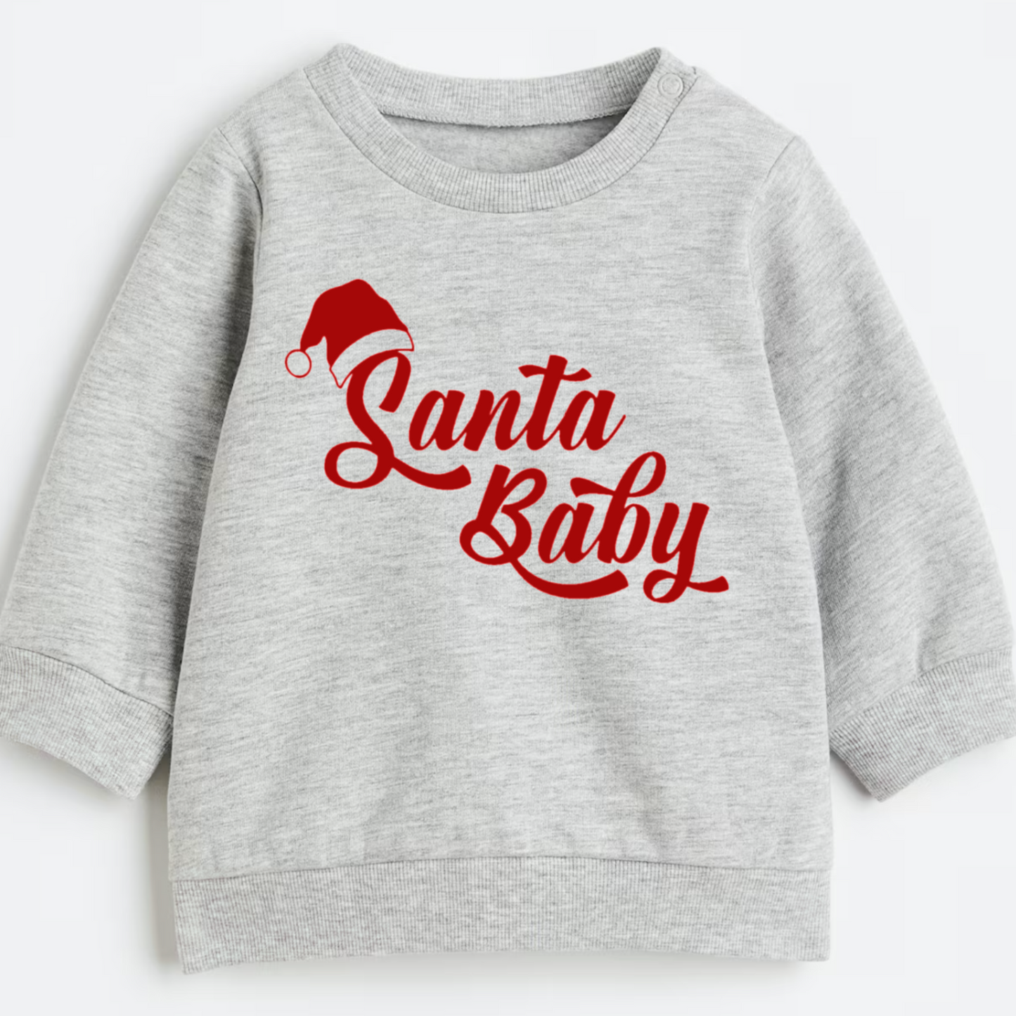 Gray sweatshirt with 'Santa Baby' text and red Santa hat graphic on a white background