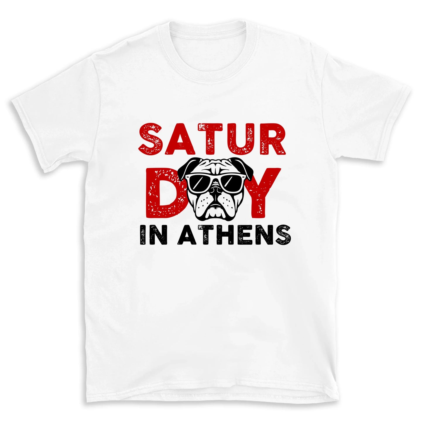 White t-shirt with 'Saturday in Athens' graphic design featuring a dog wearing sunglasses.