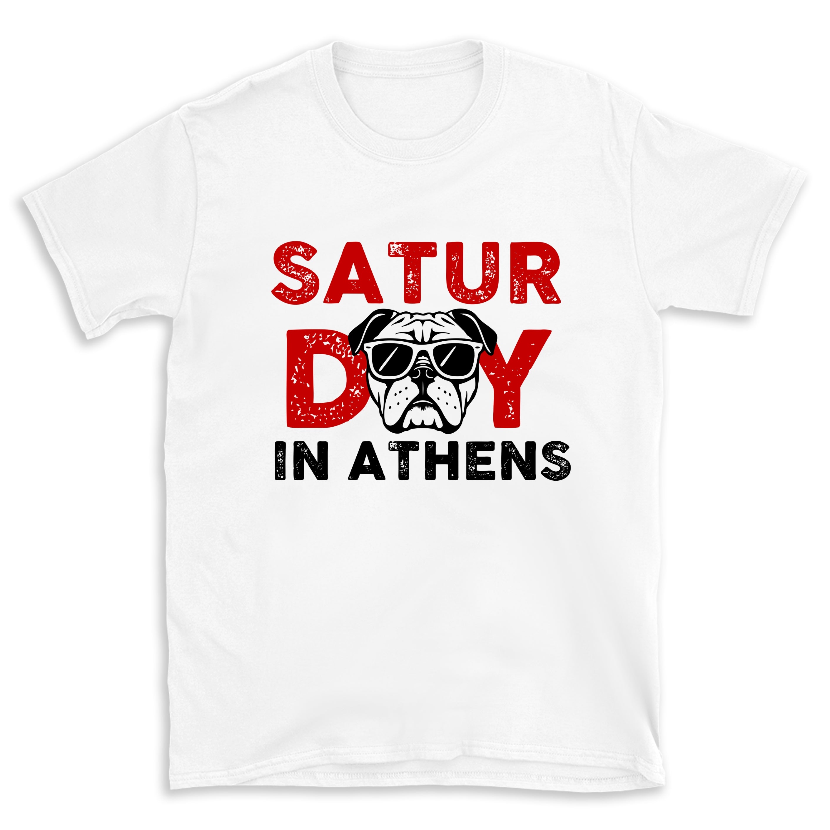 White t-shirt with 'Saturday in Athens' graphic design featuring a dog wearing sunglasses.