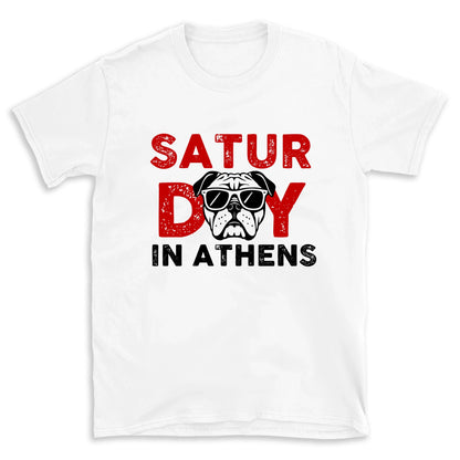 White t-shirt with 'Saturday in Athens' graphic design featuring a dog wearing sunglasses.