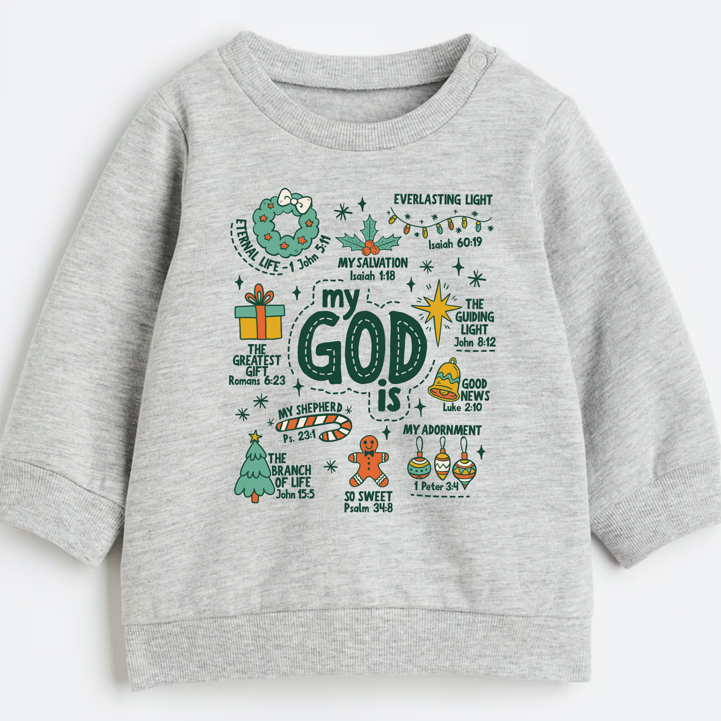 Gray sweatshirt with colorful Christmas-themed text and graphics on a white background