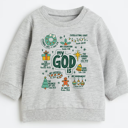 Gray sweatshirt with colorful Christmas-themed text and graphics on a white background